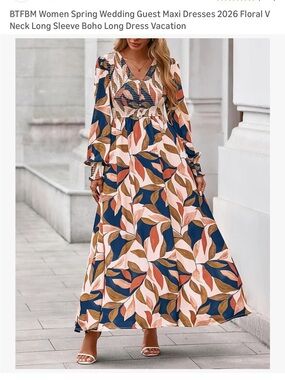 Floral V-Neck Long Sleeve Maxi Dress - Navy/Pink/Brown